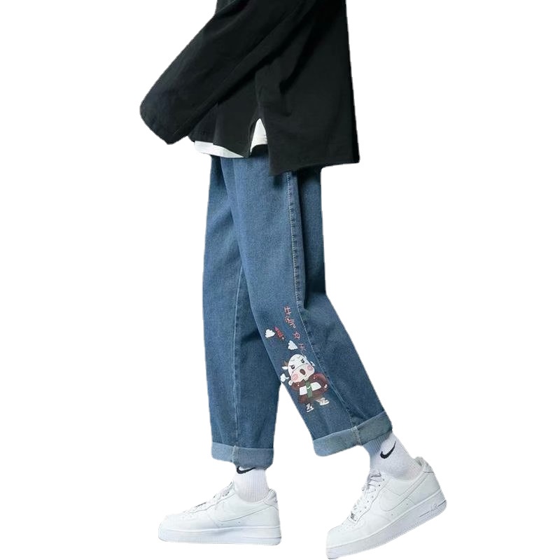 Quần Jean Dài Oversize In Họa Tiết Hoạt Hình Phong Cách Hàn Quốc Thời Trang Cho Nam Size S-3XL