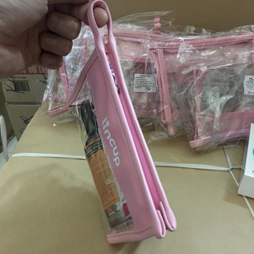 Túi đựng mỹ phẩm trong suốt Lincup màu hồng cực xinh 16x11x4cm