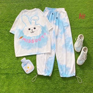 bộ thun loang màu xanh trắng áo tay lỡ quần jogger dây rút gấu in thỏ trắng MISS ht