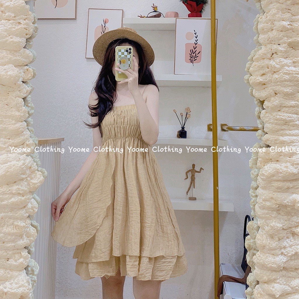 [Ảnh thật/Video] Set váy 2 dây nâu nhún ngực dáng xòe kèm áo khoác cadigan len tăm