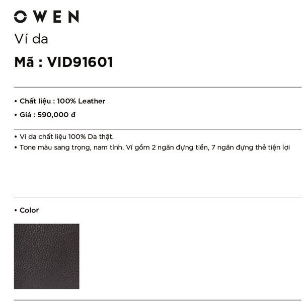 OWEN - Ví da nam Owen VID91601 - Ví dọc - Chất liệu da thật - Màu nâu