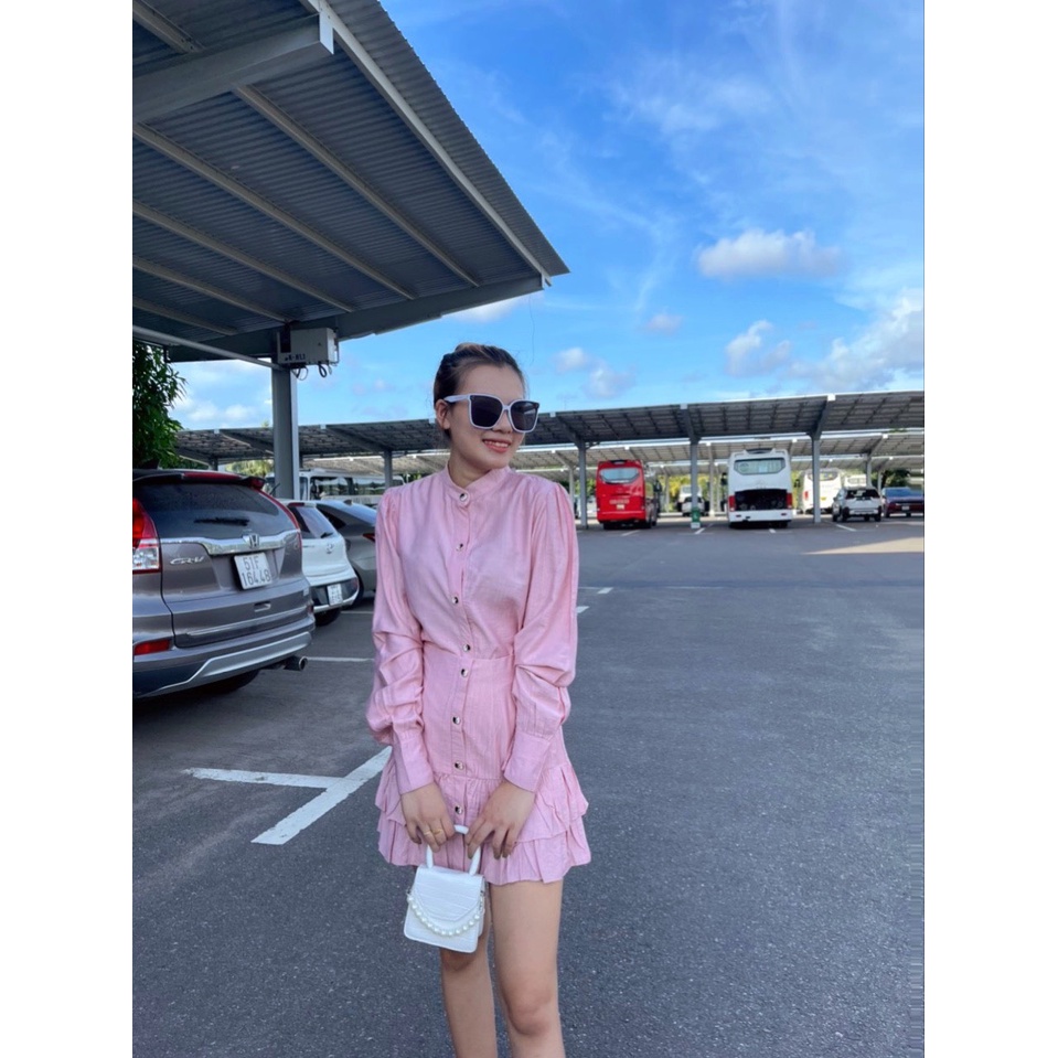 Set sơ mi cổ trụ kèm chân váy bèo siêu xinh