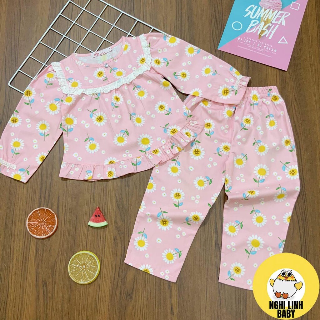 Đồ bộ kate lụa cho bé gái mặc nhà, tay dài quần dài ren vuông, mịn thoáng mát có size từ 12-38kg - Nghi Linh Baby
