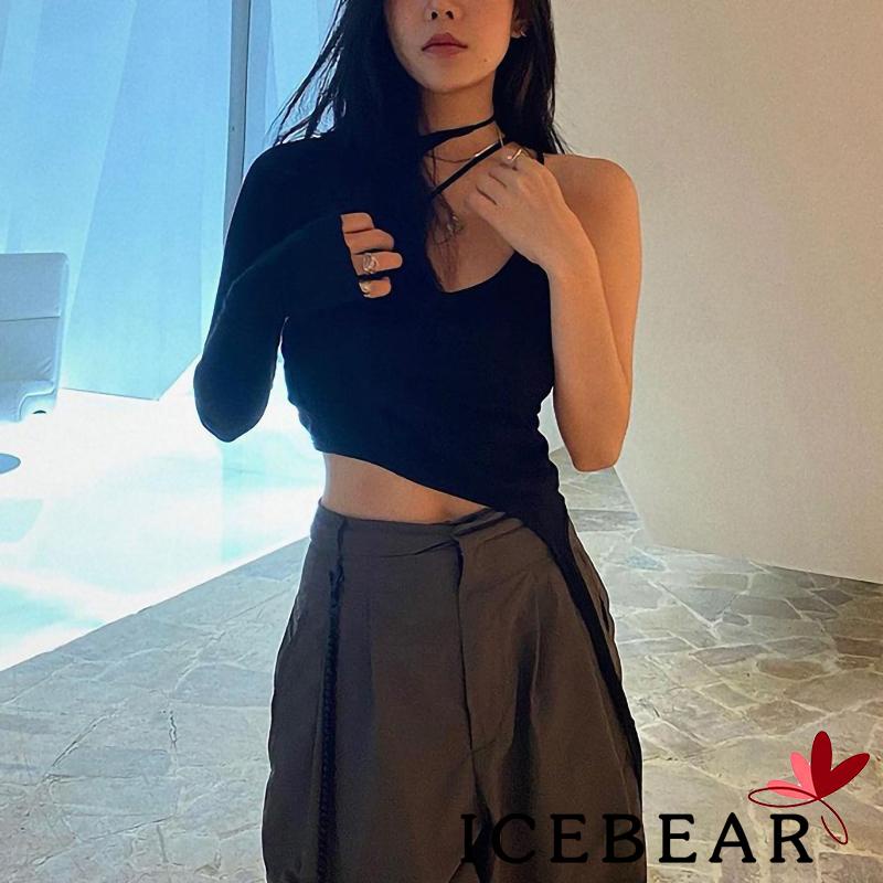 ICE-Women´s Camisole Solid Color Spaghetti Strap Short Vest with Single Long Sleeve