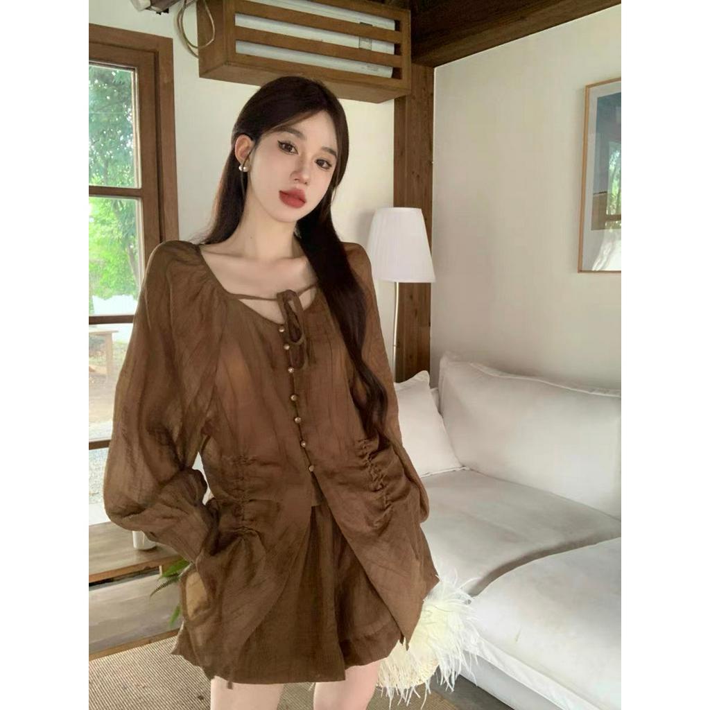 Set đũi ba món dây rút eo Estoree siêu xinh mát  tay phồng ba màu nâu kem hồng đi làm đi chơi đi biển ảnh thật