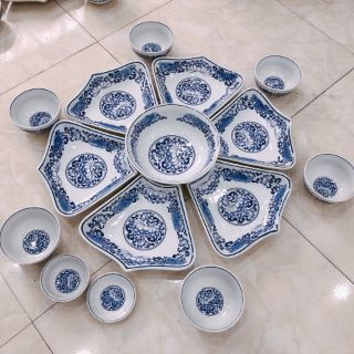 Bộ đĩa bát hoa mặt trời men lam