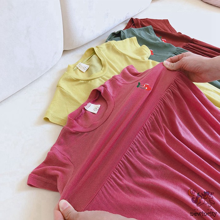 Đầm Ngắn Tay In Hình Quả Cherry Cho Bé Gái