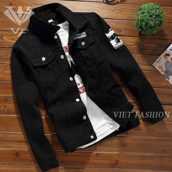 ÁO KHOÁC JEAN NAM CAO CẤP ĐEN IN THÊU CHỮ THỜI TRANG CHẤT LIÊU ĐẸP VIET FASHION - ÁO THUN TRƠN BASIC - Hàng mới về