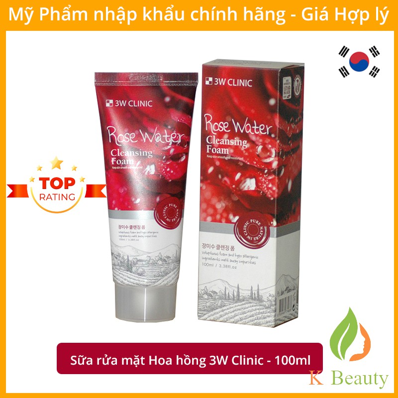 Sữa rửa mặt 3W Clinic Hoa Hồng - 3W Clinic Rose Water Cleansing Foam - 100ml Hàn Quốc [Chính Hãng - Có Tem]