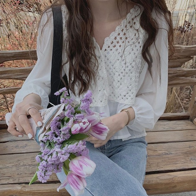 Áo sơ mi chiffon tay dài phối ren phong cách cho nữ 42253