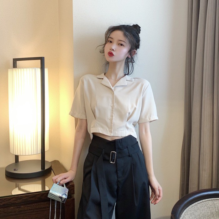 Cocory vn Áo kiểu croptop tay ngắn màu trơn phong cách Hàn Quốc thời trang dành cho nữ