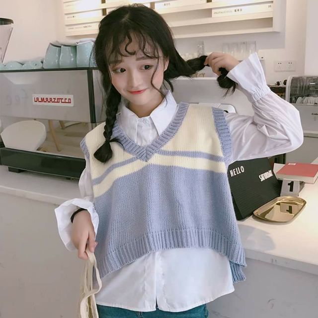 (ORDER) Set áo sơ mi kèm gile len Hàn xẻng