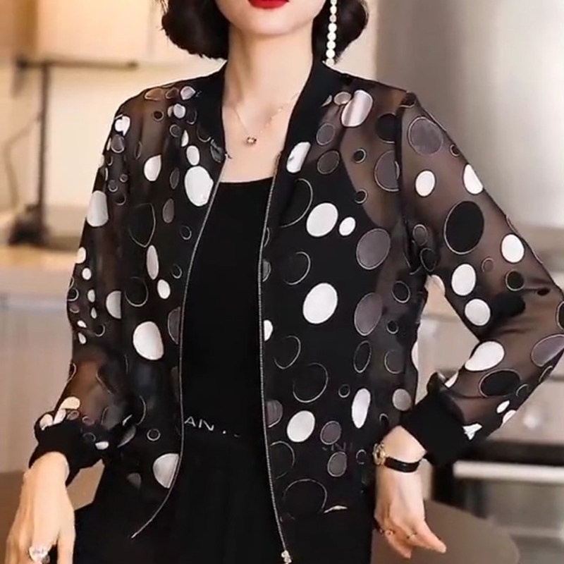 Áo khoác nữ dáng ngắn quần áo chống nắng voan đen tay dài chấm bi trẻ trung hợp thời trang hè cho bạn gái