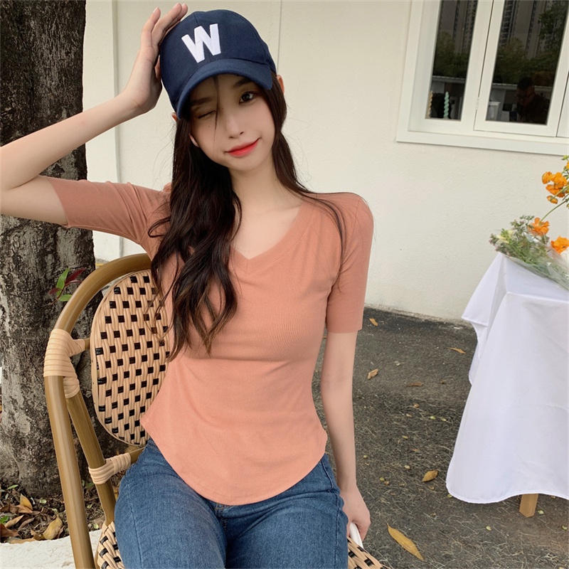 SUXI Áo Thun Tay Ngắn Cổ Chữ V Màu Sắc Đơn Giản Thời Trang Mùa Hè Dành Cho Nữ