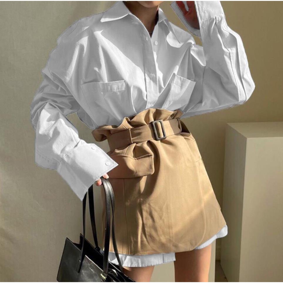Trang phục áo sơ mi dài tay/ chân váy lưng cao thời trang nữ