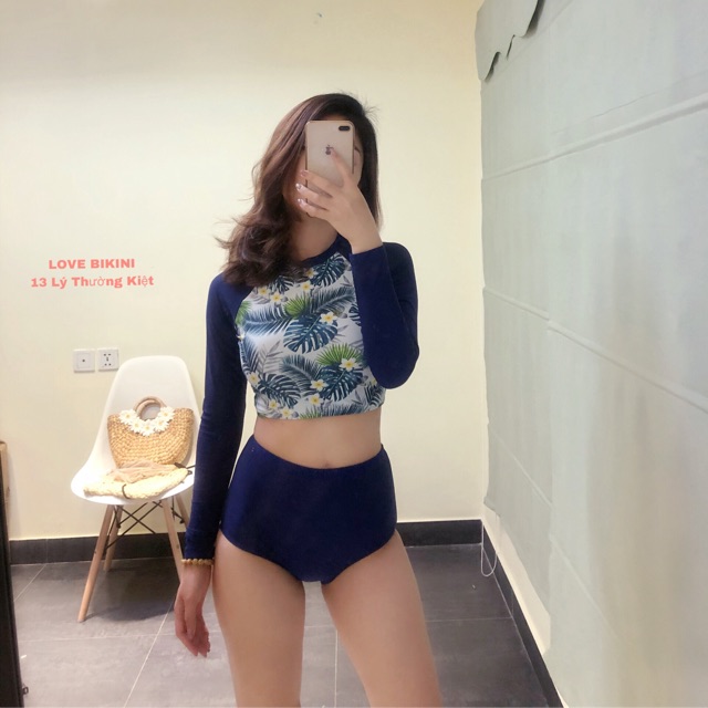 Bộ bikini , bộ đồ bơi nữ 2 mảnh áo croptop dài tay màu xanh hoạ tiết hoa lá