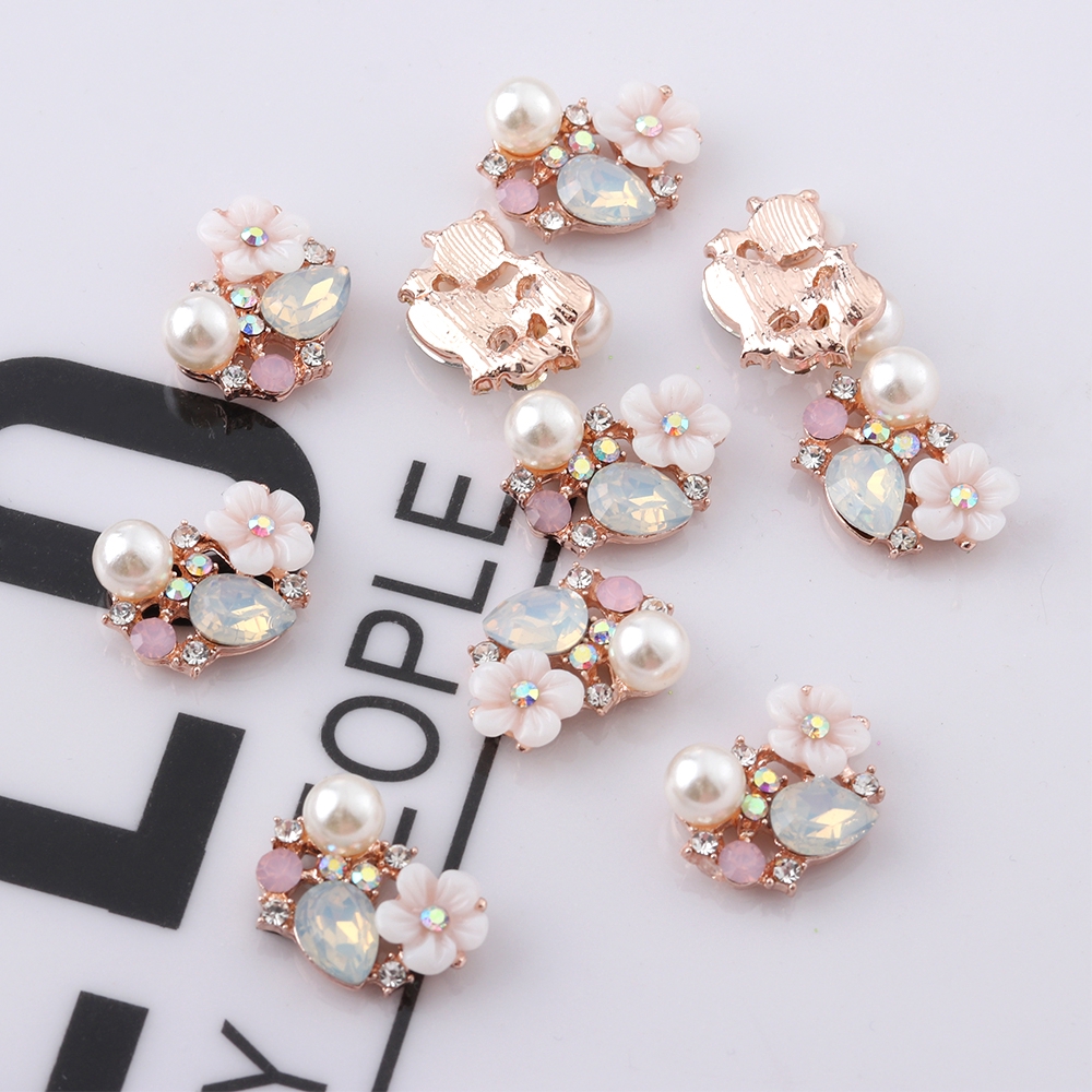 Set 10 nút hình hoa phối ngọc trai dùng trang trí làm thun cột tóc