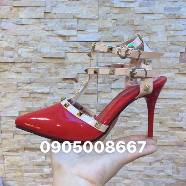 Giày cao gót phối đinh 2 quai cổ chân size 34 đến 40