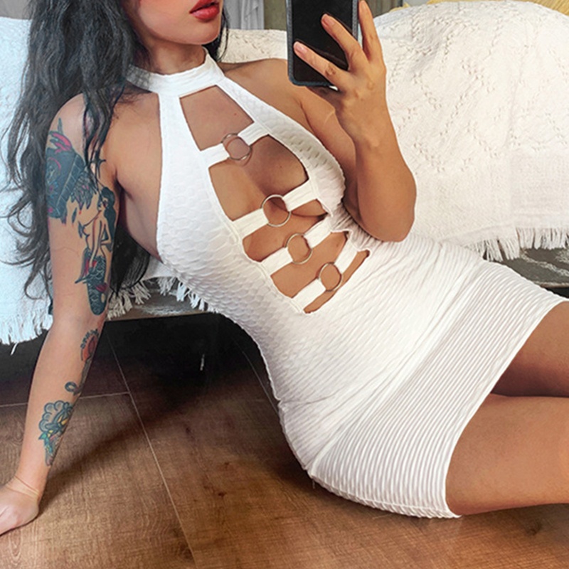 Brroa Đầm Mini Ôm Dáng Không Tay Khoét Rỗng Cổ Tròn Hở Lưng Có Vòng Kim Loại Gợi Cảm Mùa Hè Cho Nữ S