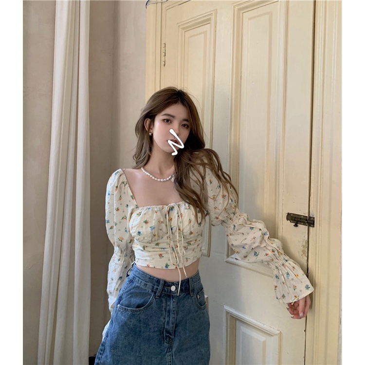 QKOOLE  Áo kiểu tay dài cổ vuông in họa tiết hoa nhún bèo phong cách Hàn Quốc quyến rũ thời trang dành cho nữ