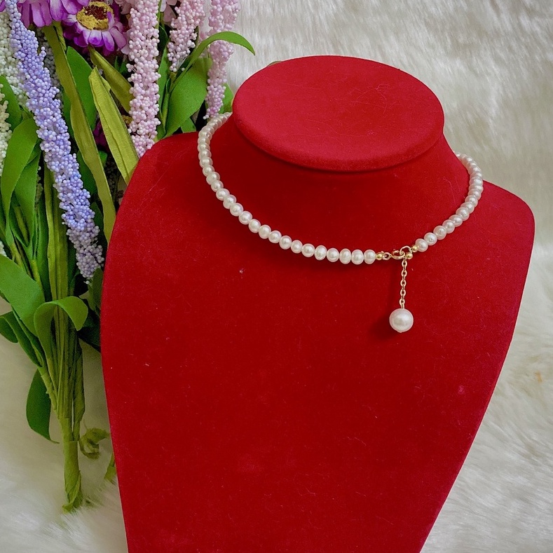 Vòng cổ chocker trai thật tự nhiên nước ngọt 3li bóng đẹp dáng ôm cổ khóa BẠC TA có tăng đơ điều chỉnh độ rộng