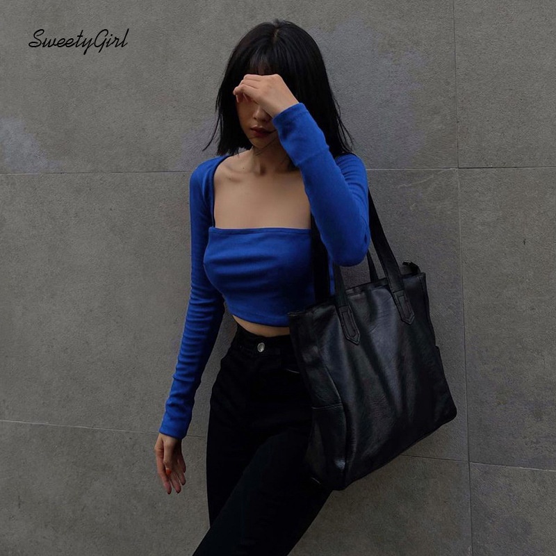 Áo Croptop Cổ Vuông Tay Dài Màu Trơn Thời Trang 2022 Quyến Rũ Cho Nữ