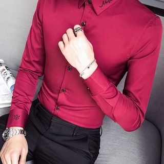 áo sơ mi nam thêu chữ trên cổ mới màu đen trắng đỏ đẹp công sở hàn quốc cao cấp from đứng côn suông rộng co giãn