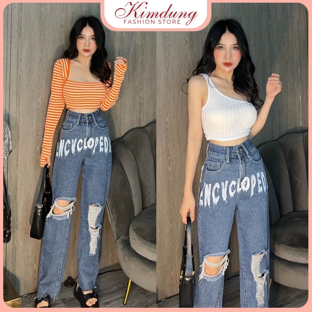 Quần jean nữ ống rộng lưng cao rách in chữ phong cách Ulzzang - Quần jeans baggy ống rộng lưng cao rách suông