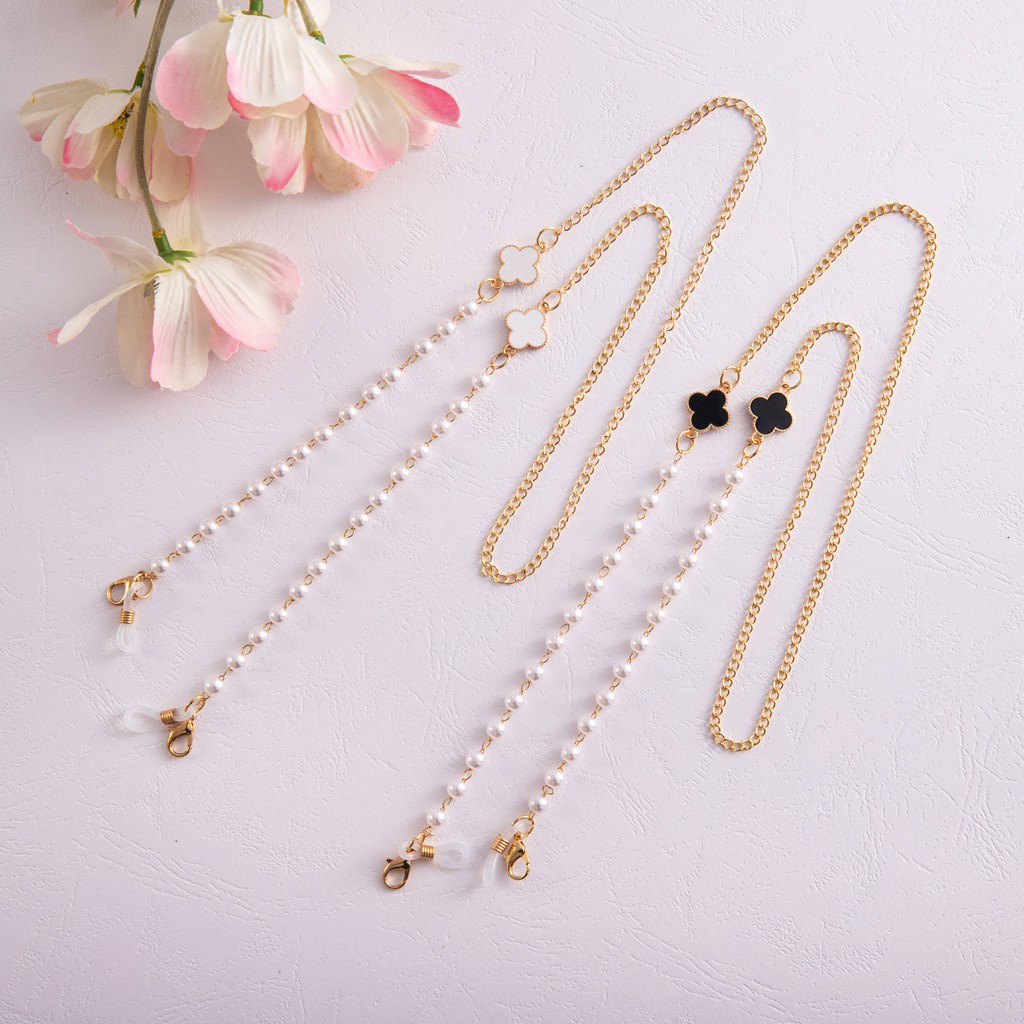 Dây Đeo Mắt Kính Đính Hạt Ngọc Trai Kèm Hai Móc Treo Mặt Nạ Giá Đỡ