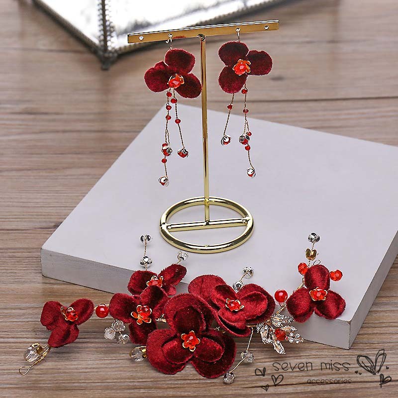 Set cài tóc + cặp bông tai trang trí hoa hồng phong cách thanh lịch cho cô dâu