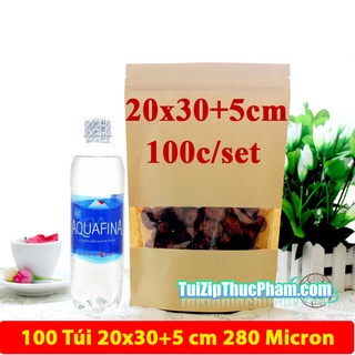 100 túi zip MIS size 20x30 cm 700g bột mịn, zipper giấy kraft vàng cửa sổ tràn viền, phủ CPP chống ẩm đựng thực phẩm