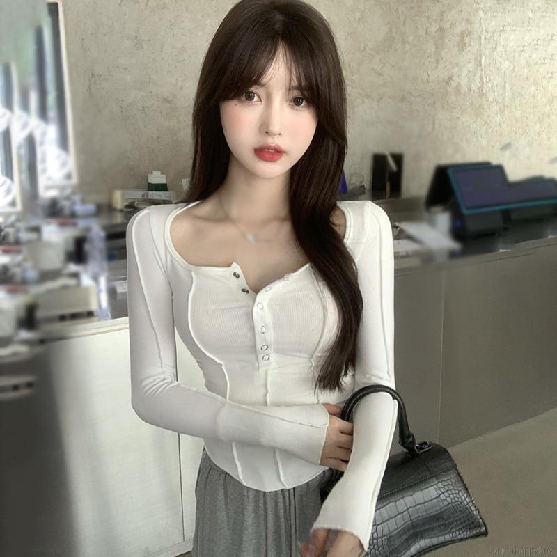 Áo dệt kim tay dài thiết kế quyến rũ phong cách Hàn Quốc cho bạn gái