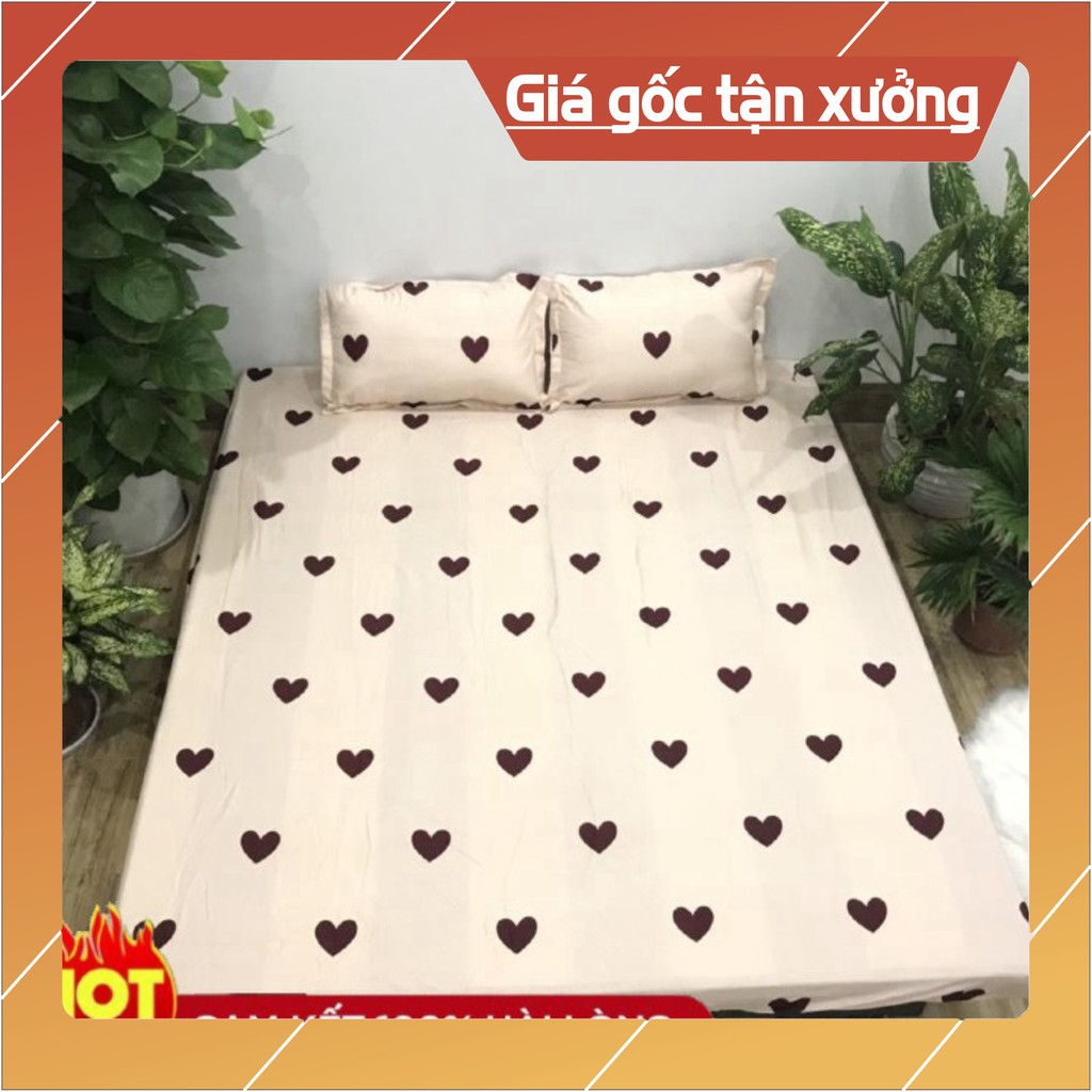 [ MẪU MỚI 2021 ]Bộ drap giường và 2 vỏ gối nằm mẫu tim nâu nền trắng