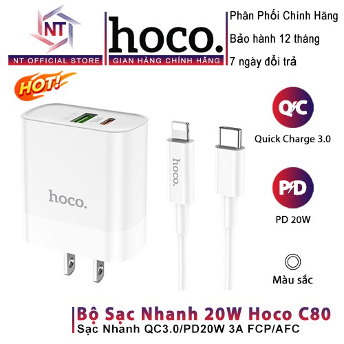 Bộ Sạc Nhanh IPhone/Android PD20W/QC3.0 Hoco C80 Chính Hãng 2 Cổng USB Và Type C Kèm Cáp Type C To Lightning PD 1M