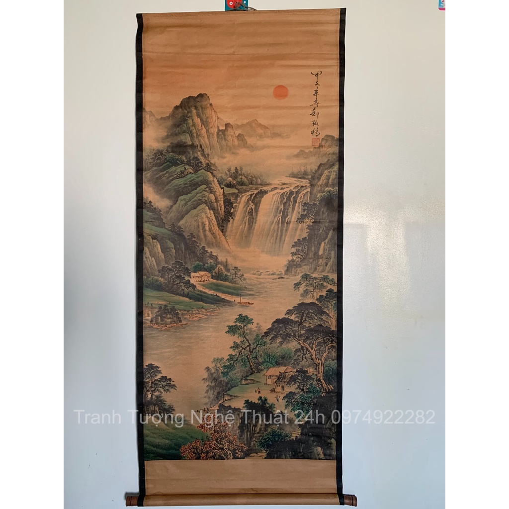 Tranh giả cổ Sơn thủy 2 của Họa sĩ Trịnh Bản Kiều, Tranh giấy xuyến chỉ viền bo lụa size lớn 155 x 74cm