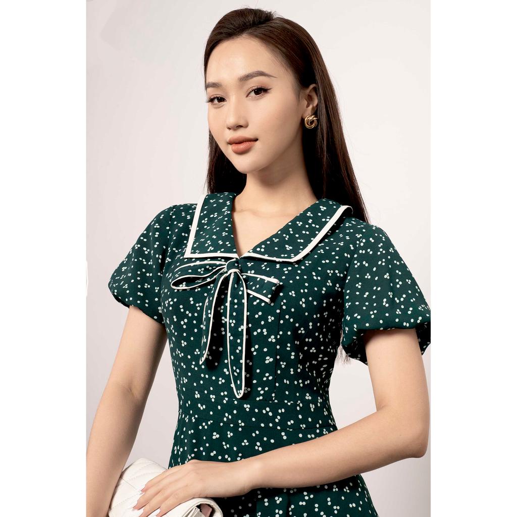 Đầm dáng xòe, tay bồng, cổ buộc nơ, viền cổ màu trắng MMOutfit M-DA061121347