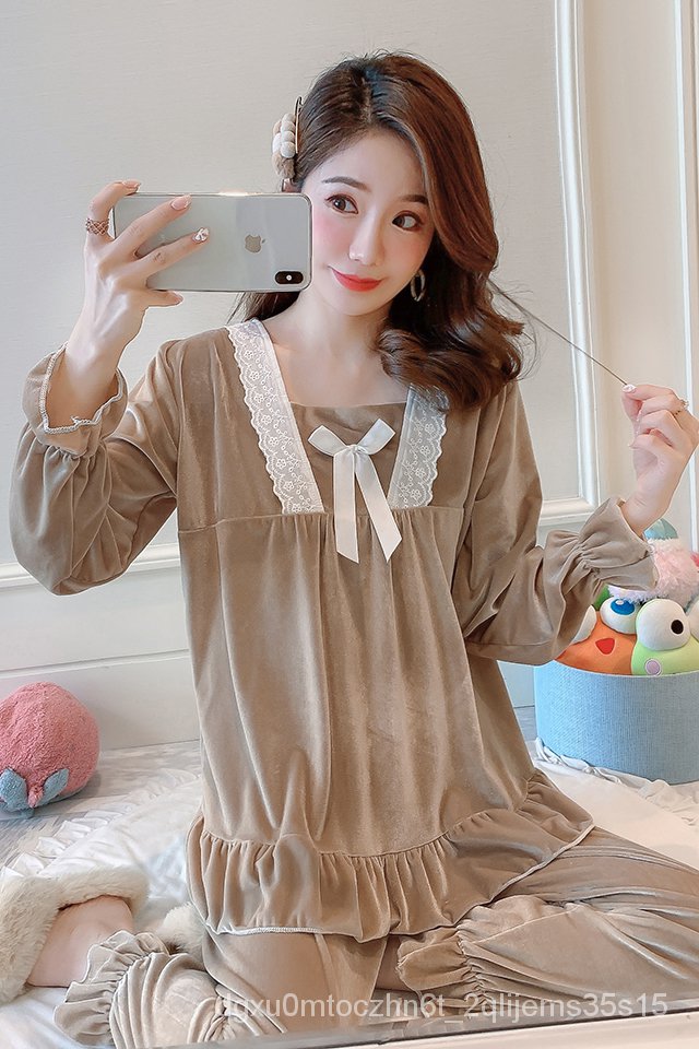 Bộ Đồ Ngủ Nhung Vàng Vào Mùa Xuân, Mùa Thu Và Mùa Đông Ngọt Ngào Dễ Thương Nhật Bản Công Chúa Công Chúa Tay Dài Hai Mảnh