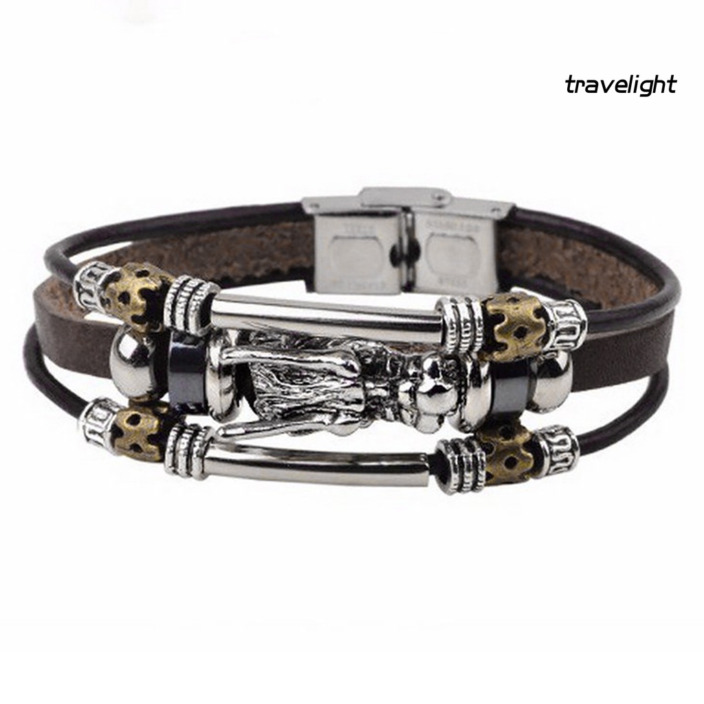 Vòng Tay Da PU Nhiều Lớp Mặt Hình Đầu Rồng Phong Cách Vintage Cho Nam