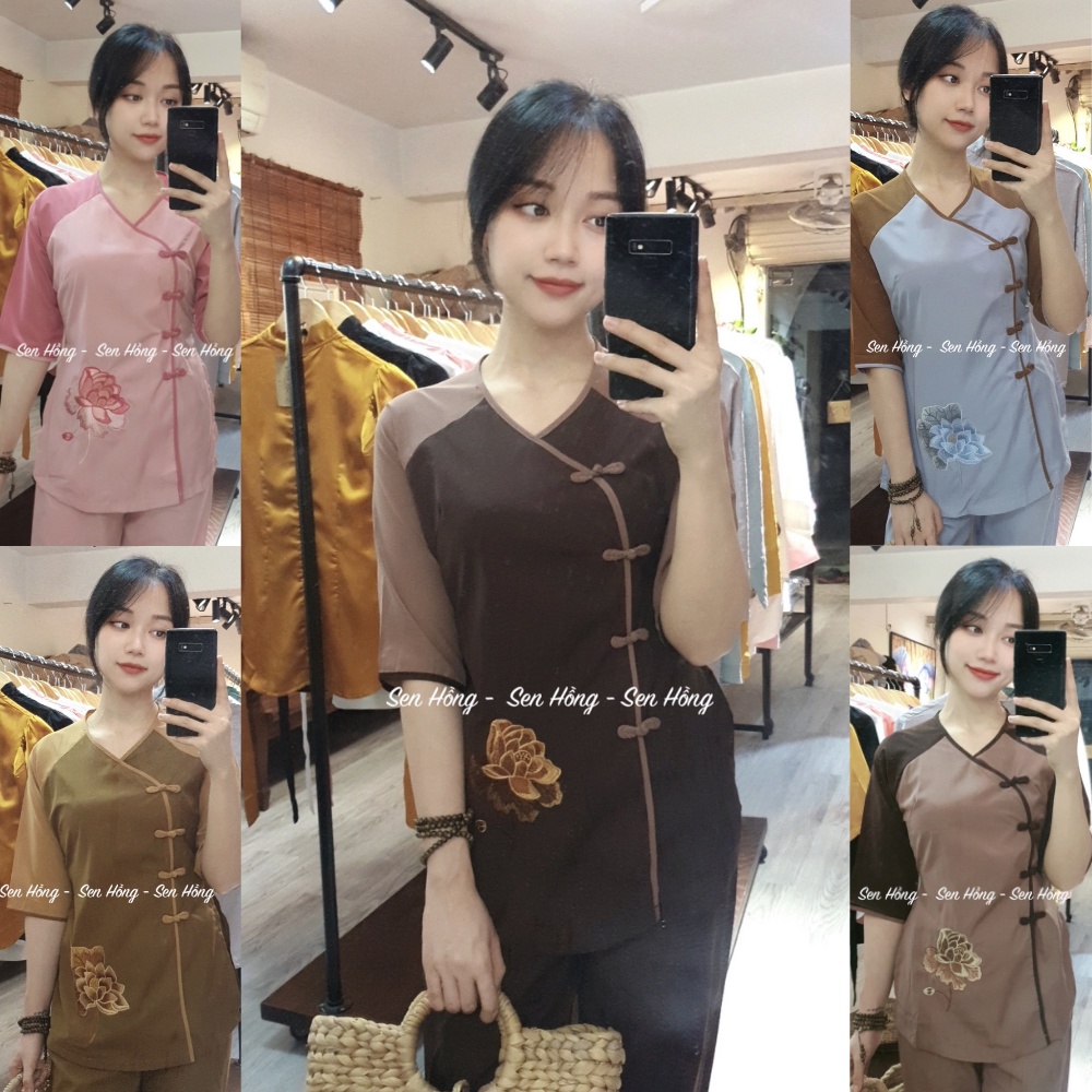 ⚛️ Quần áo lam đi chùa nữ - Bộ Phật tử cài chéo tay phối màu xinh xăn # pháp phục kate Nhật bền đẹp B26