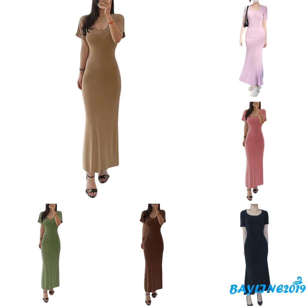 Đầm Tay Ngắn Cổ Chữ U Màu Sắc Thanh Lịch Dành Cho Nữ