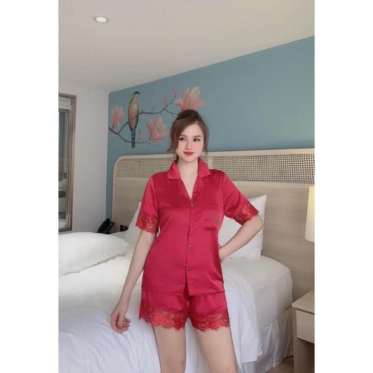 Pijama lụa ngắn tay cao cấp, đồ bộ mặc nhà nữ thiết kế chất latin loại 1 cộc đùi ren đính đá sang trọng 69 Luxury