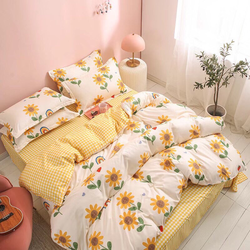 Chăn Ga Gối , cotton poly chăn ga Hàn Quốc đủ màu đủ size miễn phí bo chun mẫu HƯỚNG DƯƠNG KẺ