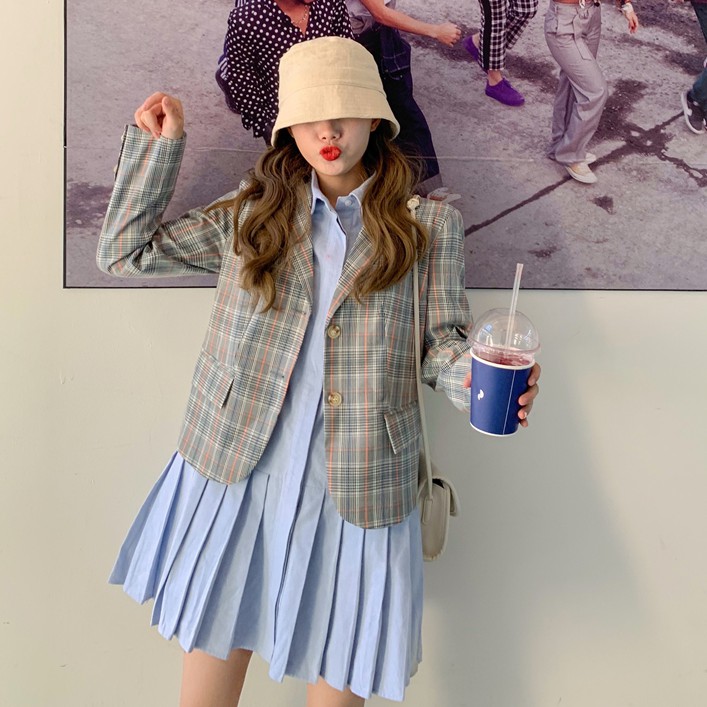 Set Đầm Sơ Mi Tay Dài Xếp Ly + Áo Khoác Blazer Dáng Rộng Kẻ Sọc Ca Rô 41823