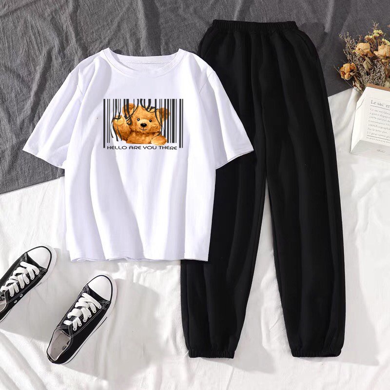 Sét Áo Gấu dơ tay + quần bom chun, Áo thun from rộng, Chất đẹp không xù, quần suông ống rộng, Sét bộ mặc ở nhà - MODY