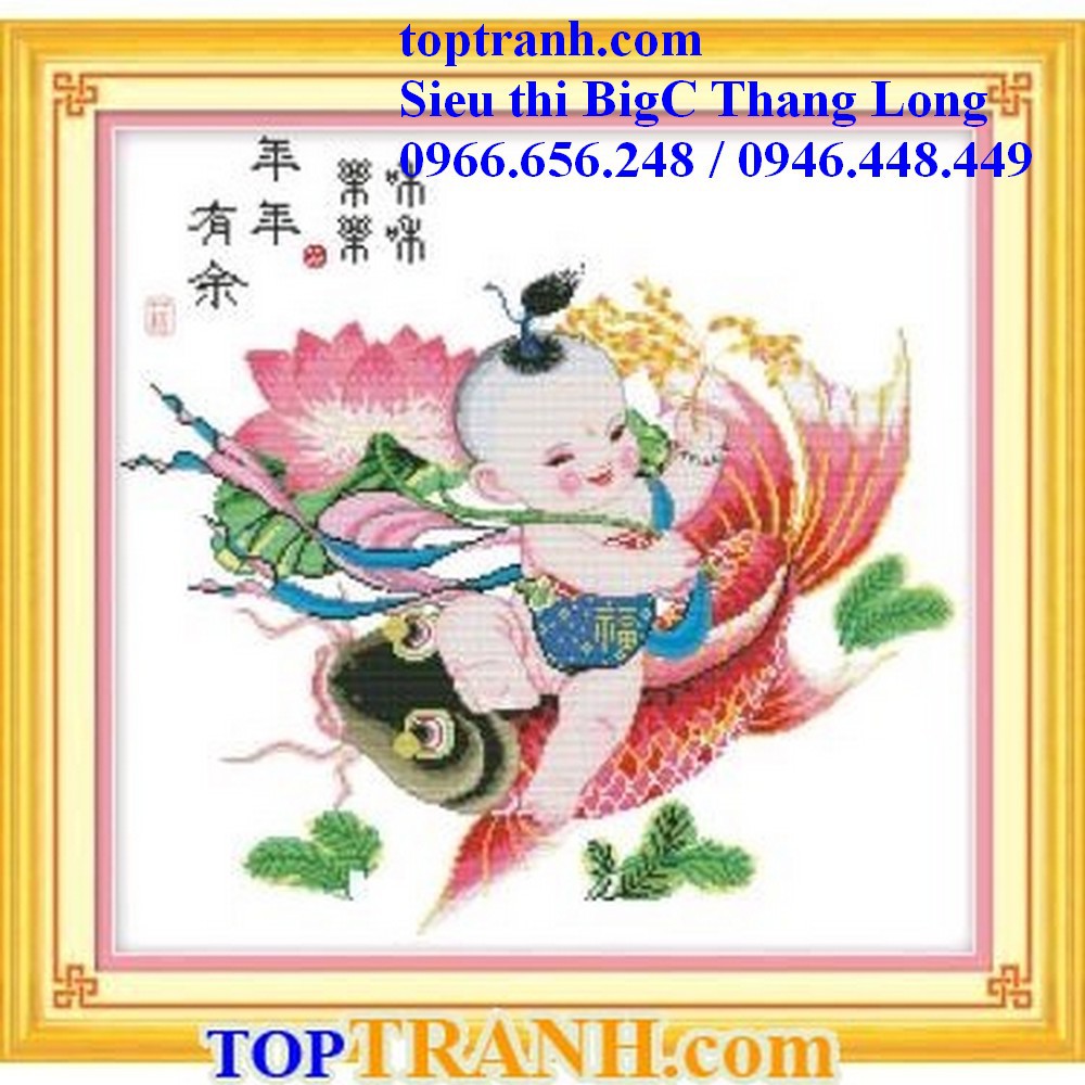 Tranh thêu chữ thập em bé trai đồng tử cưỡi cá chép Z414 chưa thêu