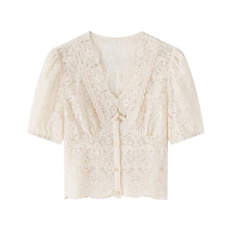 V Neck Lace Short Sleeve Women Short Retro French Bubble Sleeve Top Thin
