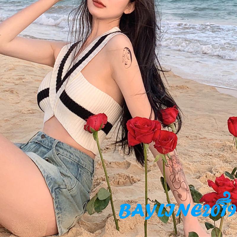 Áo Croptop Dệt Kim Sát Nách Cổ Chữ V Màu Sắc Tương Phản Thời Trang Mùa Hè Cho Nữ