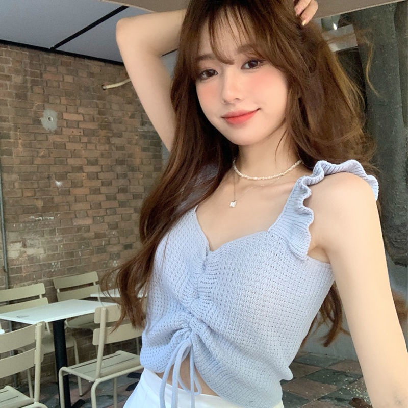 COZOK Áo Tank Top Dệt Kim Sát Nách Cổ Chữ V Phối Dây Rút Gợi Cảm