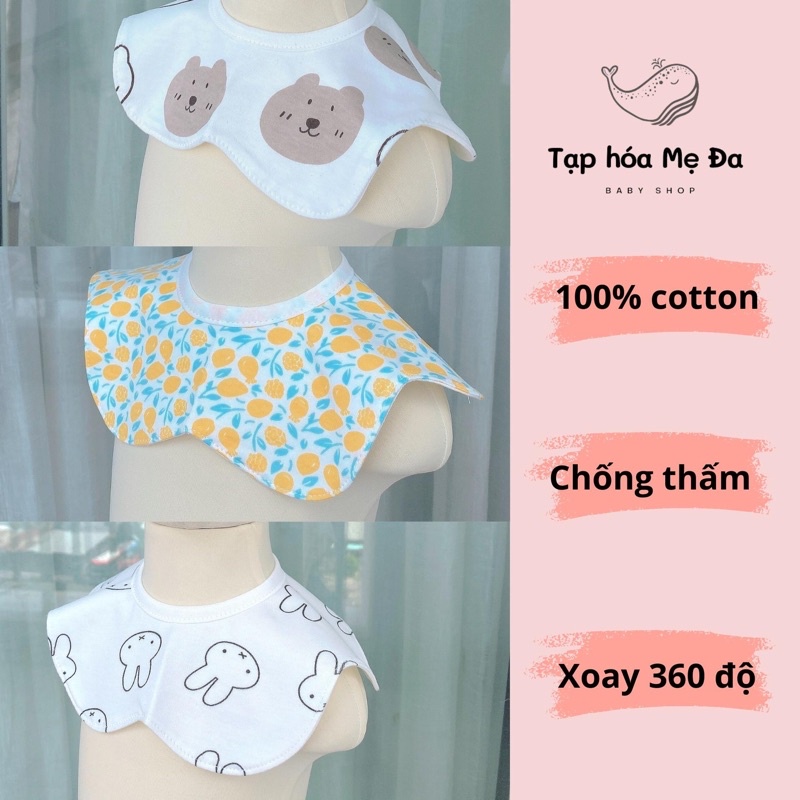 Combo 3 yếm tròn/yếm dãi cho bé 100% cotton nguyên chất có lớp chống thấm xoay 360 độ mềm mại an toàn nhiều mẫu họa tiết