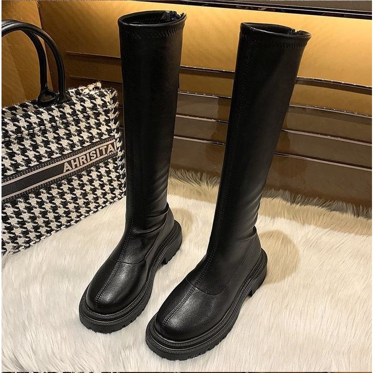 Bốt đùi cao cổ WOMENSTORY lót nỉ giày Boots nữ da PU mềm đế răng cưa 5 cm boot khóa sau thời trang mùa đông MS 110